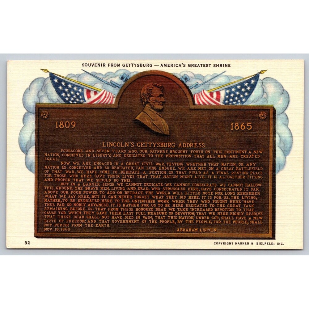 Vintage Lincoln's Gettysburg Address Bronze Tablet Postcard Marken & Bielfeld